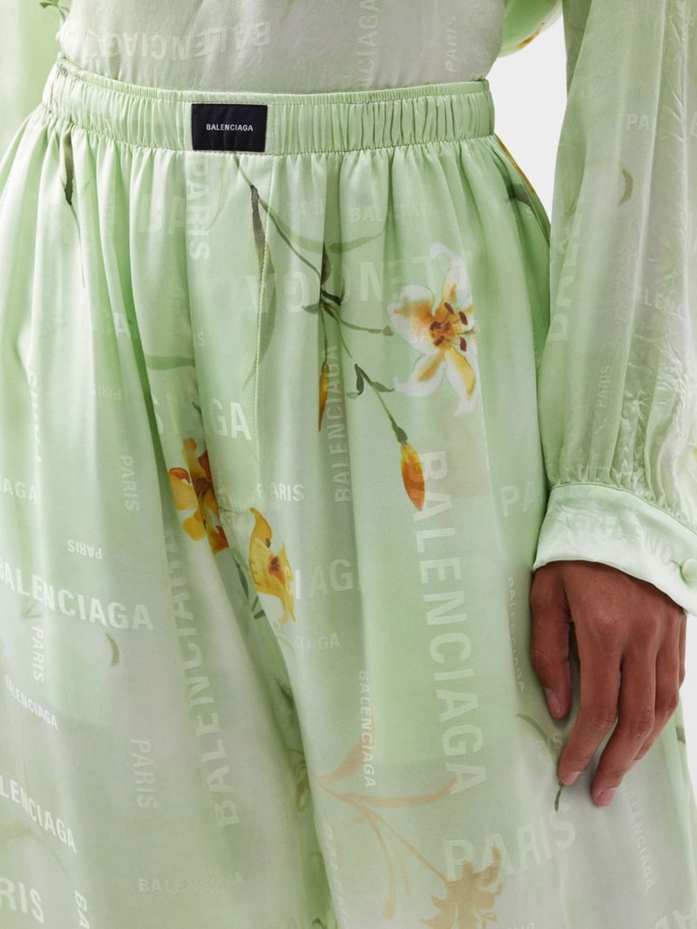 Balenciaga Light Green Floral Wide-Leg Pants with Matching Shirt